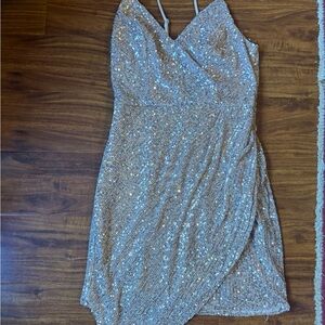 Sequin Wrap-Front Mini Dress in Champagne